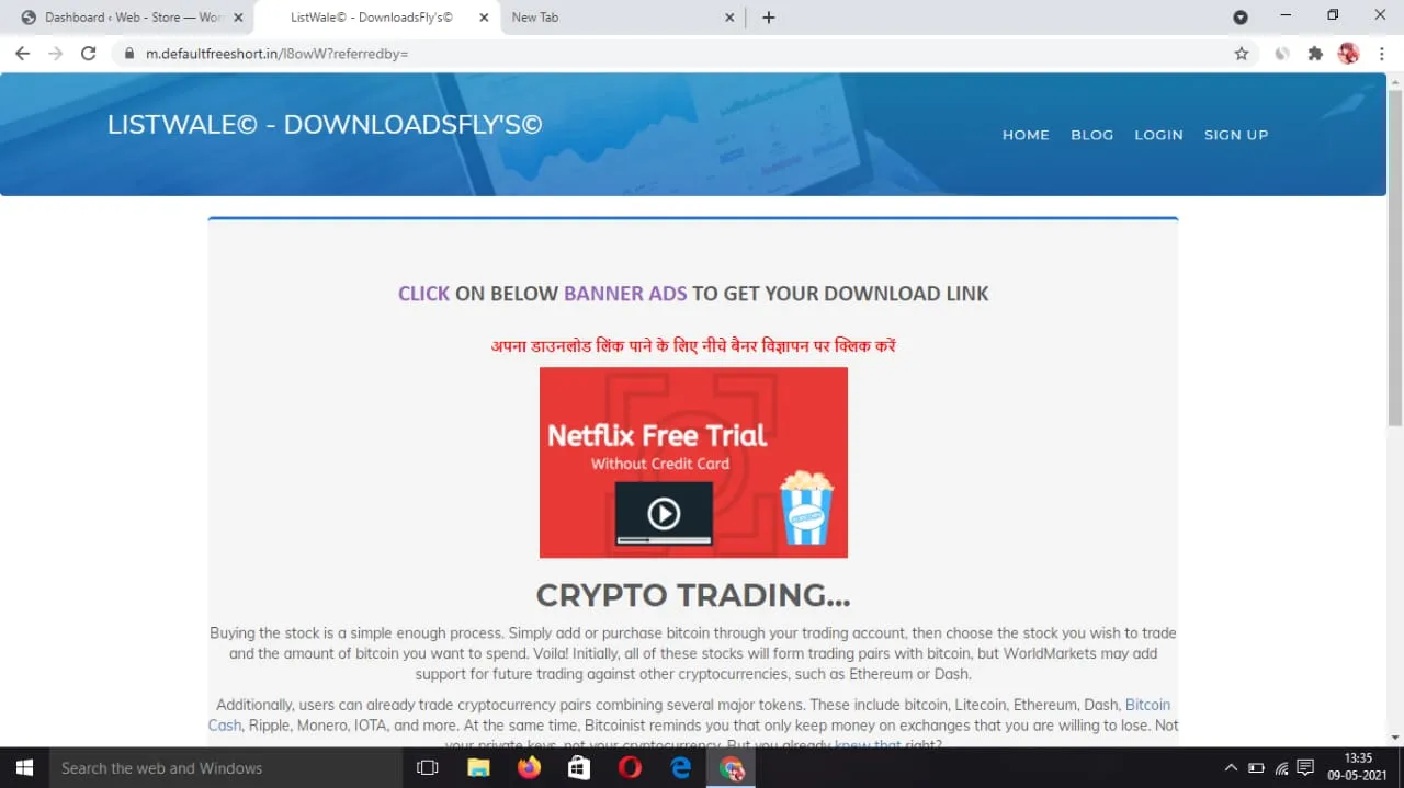 In Page Url Shortener Click on Ad Script